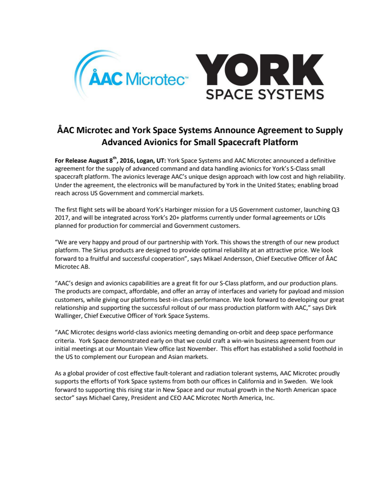 ÅAC Microtec and York Space Systems Announce Agreement to Supply Advanced Avionics for Small Spacecraft Platform