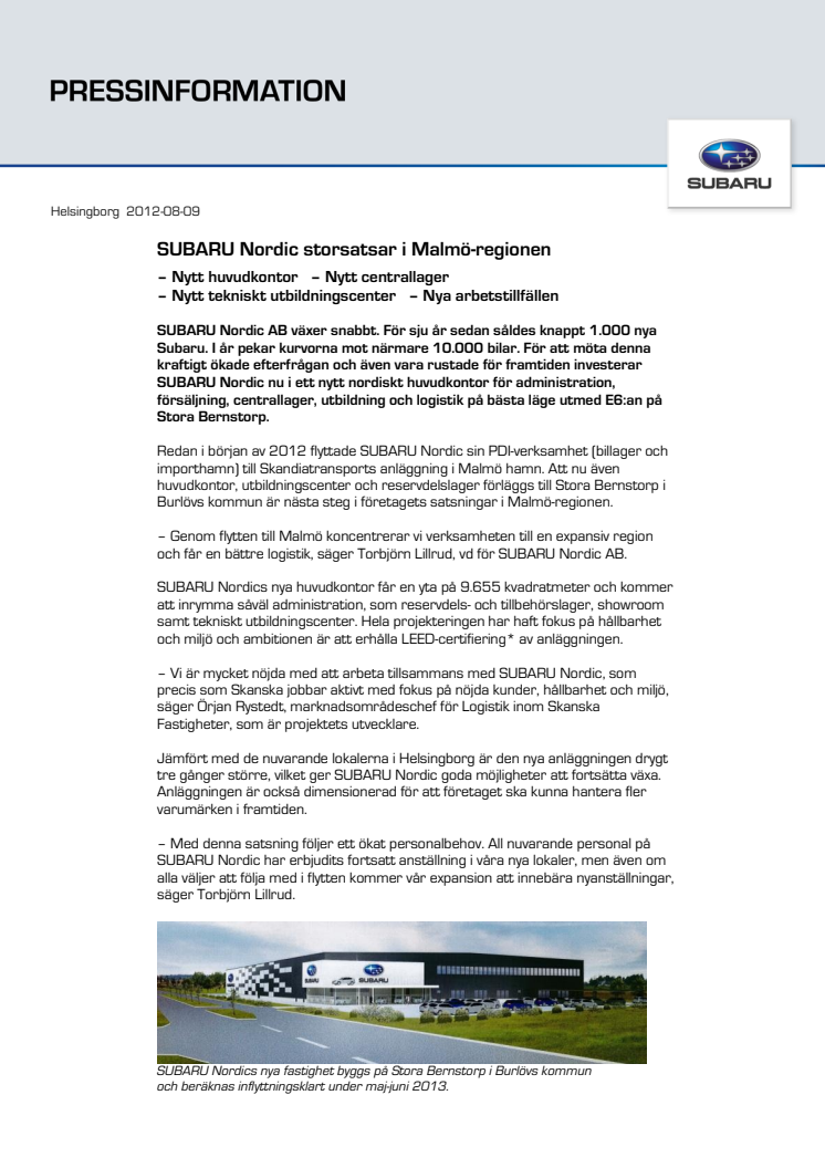 SUBARU Nordic storsatsar i Malmö-regionen