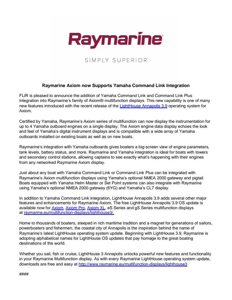 Raymarine Axiom now Supports Yamaha Command Link Integration 