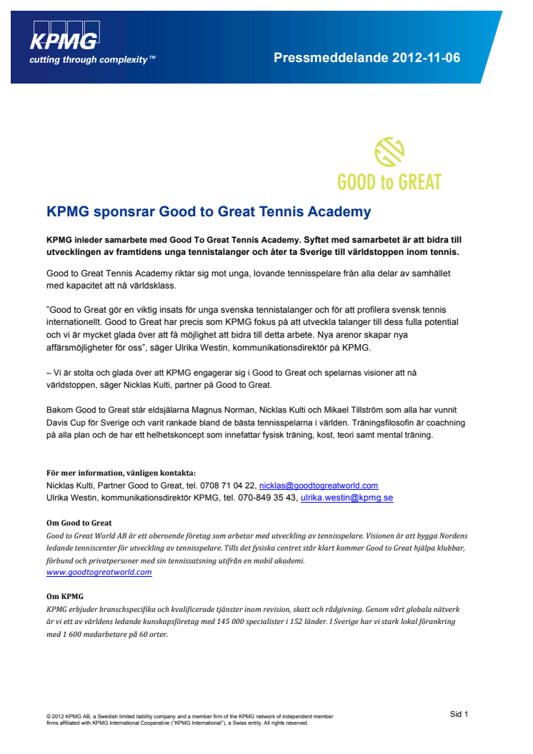 KPMG sponsrar Good to Great Tennis Academy