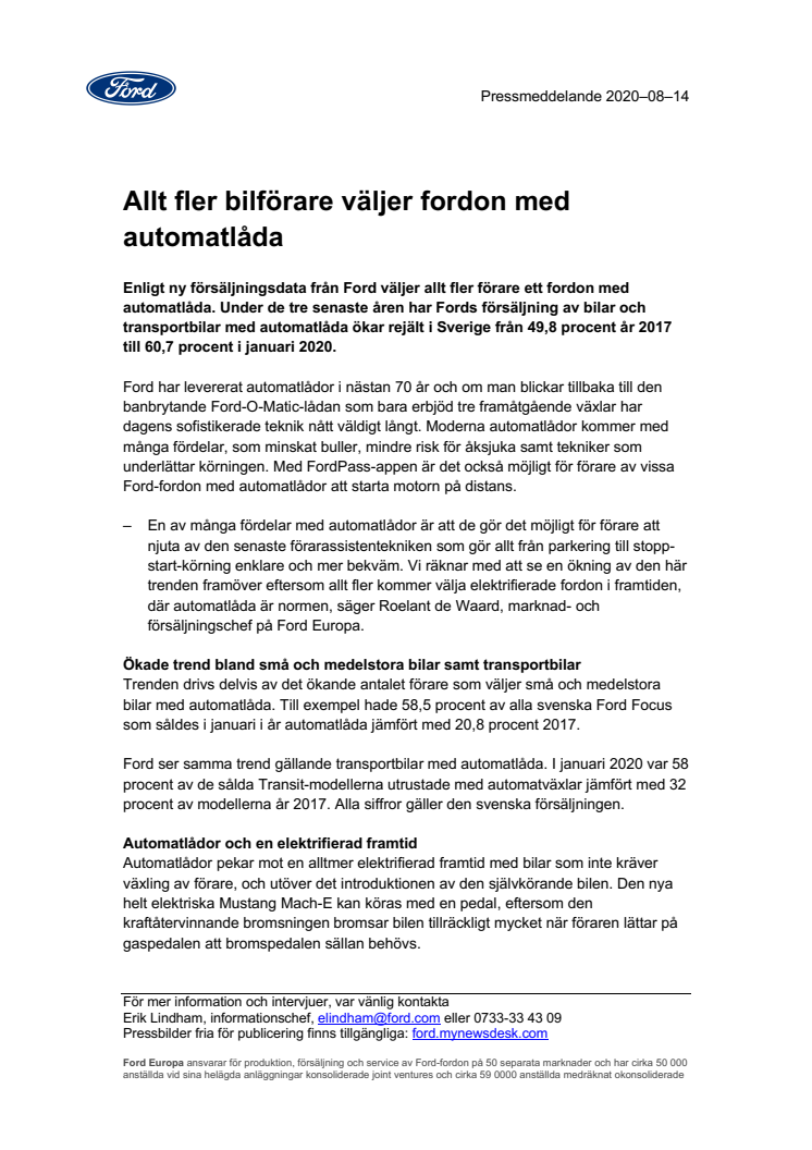 Allt fler bilförare väljer fordon med automatlåda 