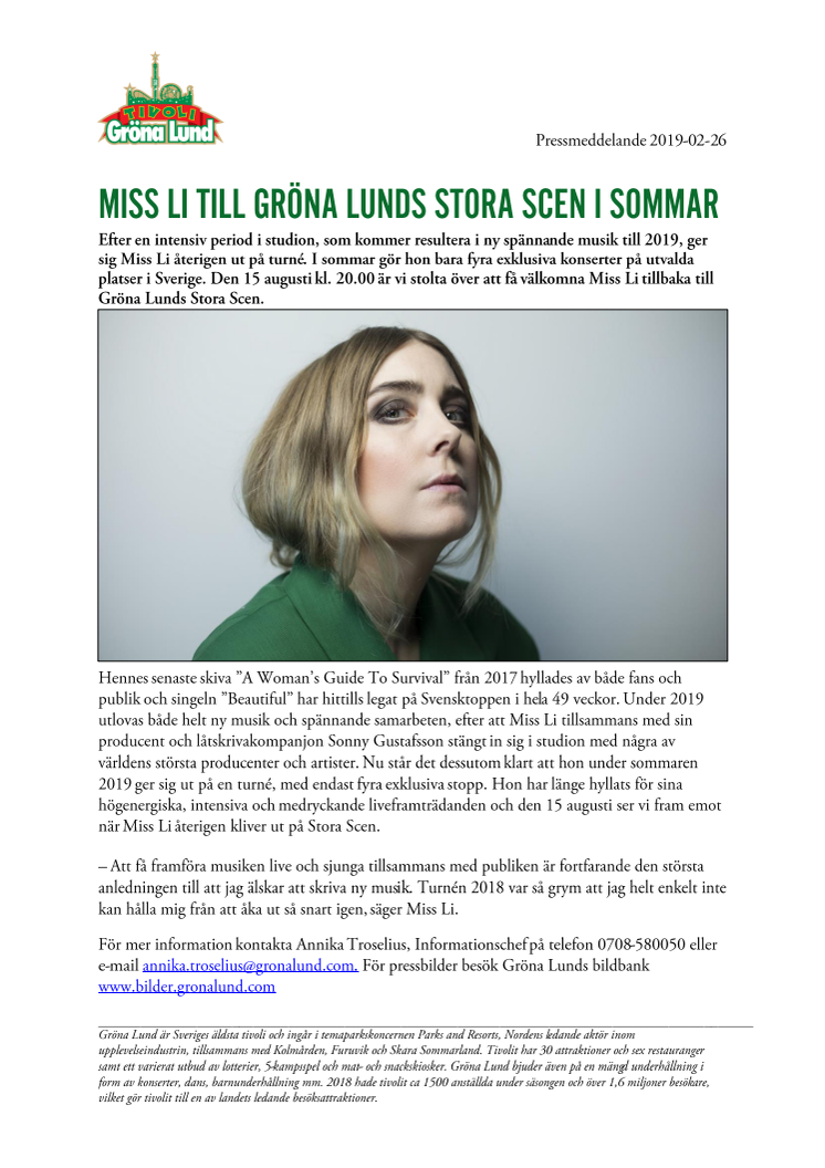 Miss Li till Gröna Lunds Stora Scen