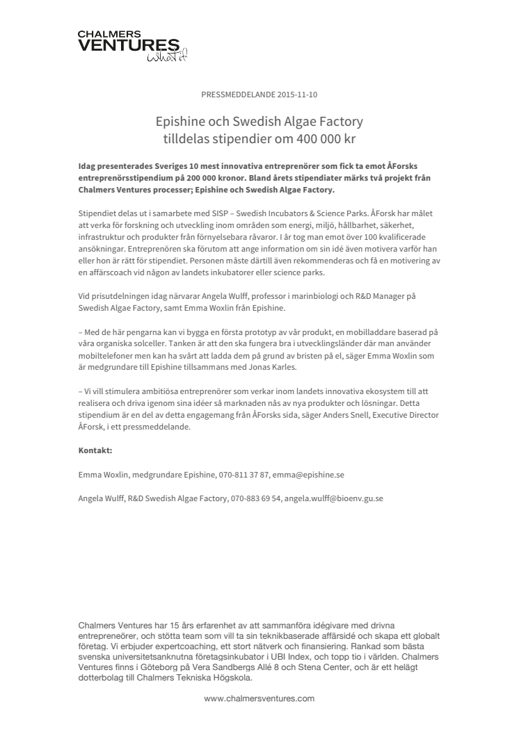 Epishine och Swedish Algae Factory tilldelas stipendier om 400 000 kr