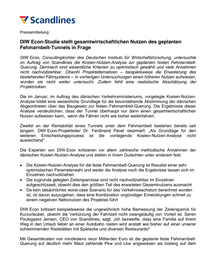 DIW Econ-Studie stellt gesamtwirtschaftlichen Nutzen des geplanten Fehmarnbelt-Tunnels in Frage