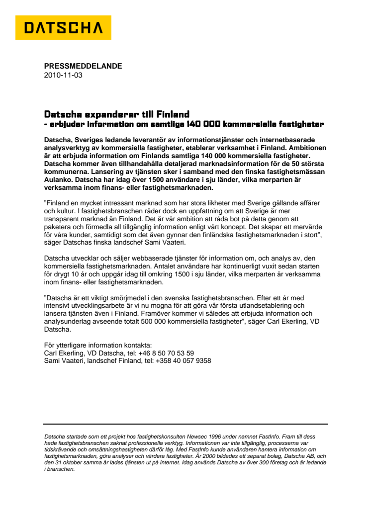 Datscha expanderar till Finland - erbjuder information om samtliga 140 000 kommersiella fastigheter