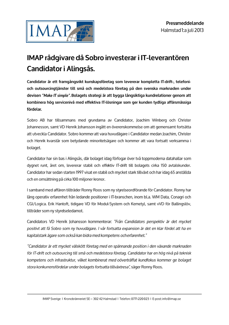 IMAP rådgivare då Sobro investerar i IT-leverantören Candidator AB i Alingsås