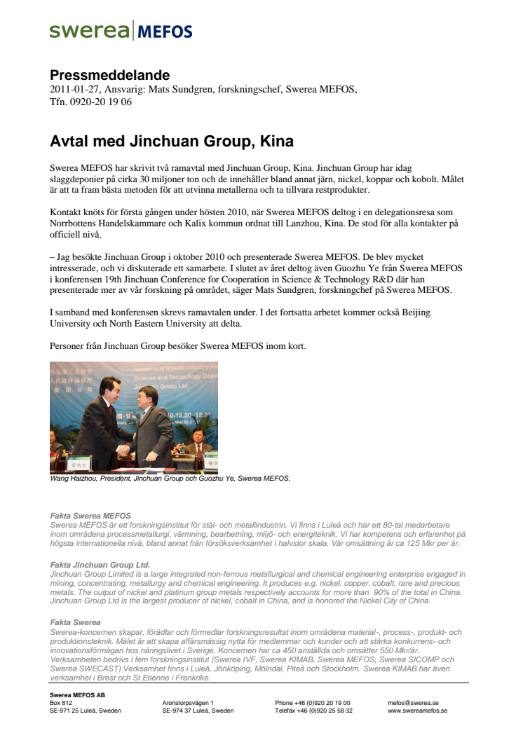Avtal med Jinchuan Group, Kina