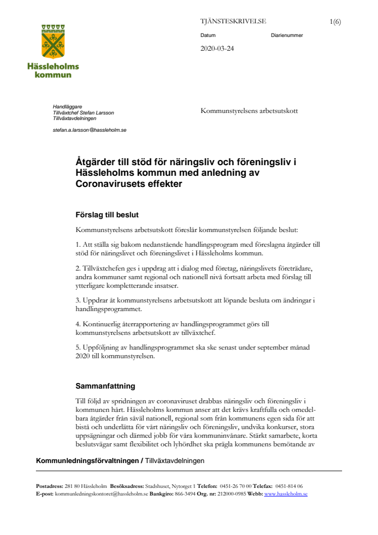 Ärende_Åtgärder till stöd för näringsliv och föreningsliv i Hässleholms kommun med anledning av Coronavirusets effekter 