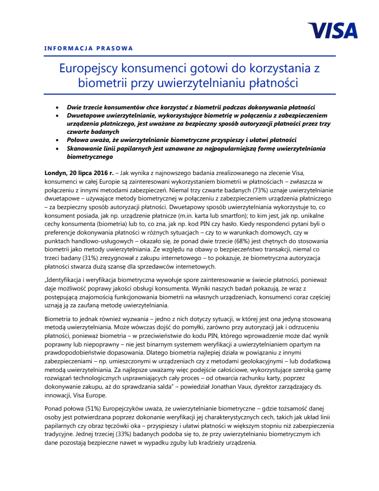 Europejscy konsumenci gotowi do korzystania z biometrii przy uwierzytelnianiu płatności	