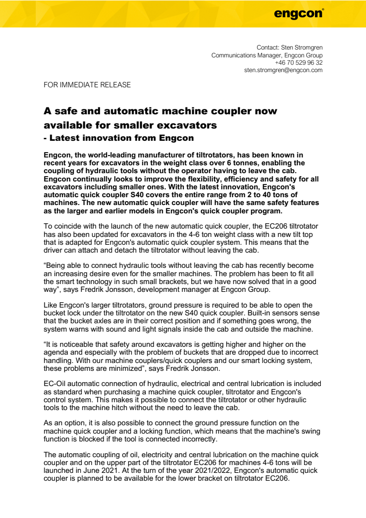160621_Press_A safe and automatic quick coupler now available for smaller excavators