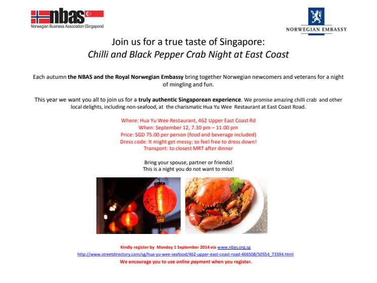 Chilli and Black Pepper Crab Night on 12 September 2014 19.30 at East Coast Restaurant