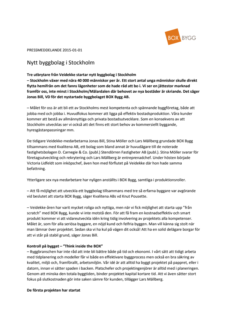 Pressmeddelande Nytt byggbolag i Stockholm