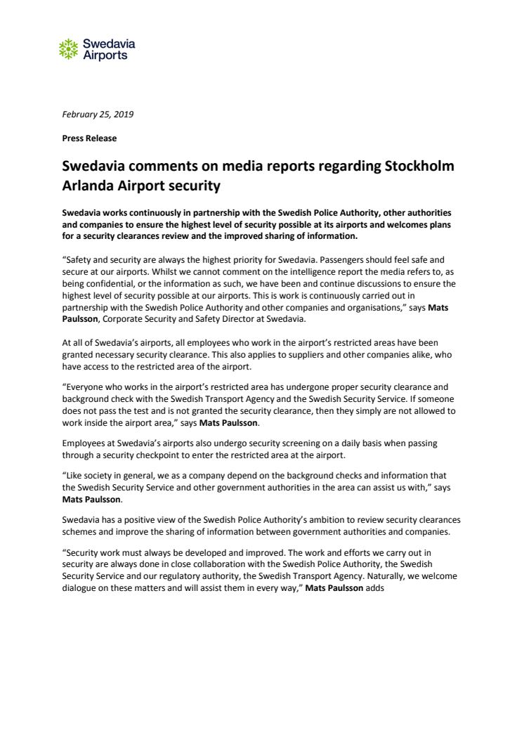 Swedavia comments on media reports regarding Stockholm Arlanda Airport security