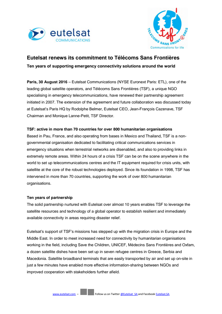 Eutelsat renews its commitment to Télécoms Sans Frontières