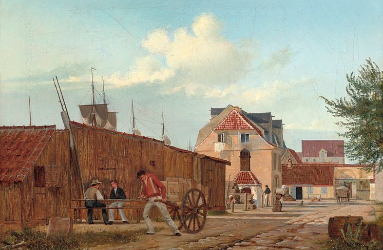 Frederik Rohde- Parti fra Larsens Plads i København. Sign. F. R. 1835. Olie på lærred. 45 x 61.