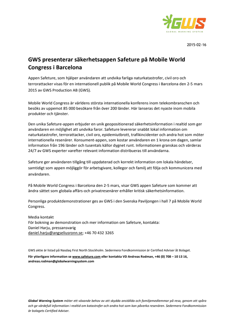 GWS presenterar säkerhetsappen Safeture på Mobile World Congress i Barcelona