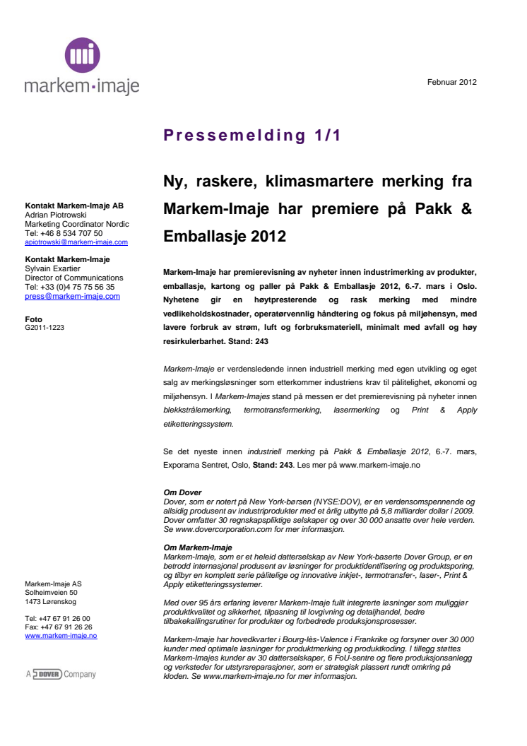 Ny, raskere, klimasmartere merking fra Markem-Imaje har premiere på Pakk & Emballasje 2012