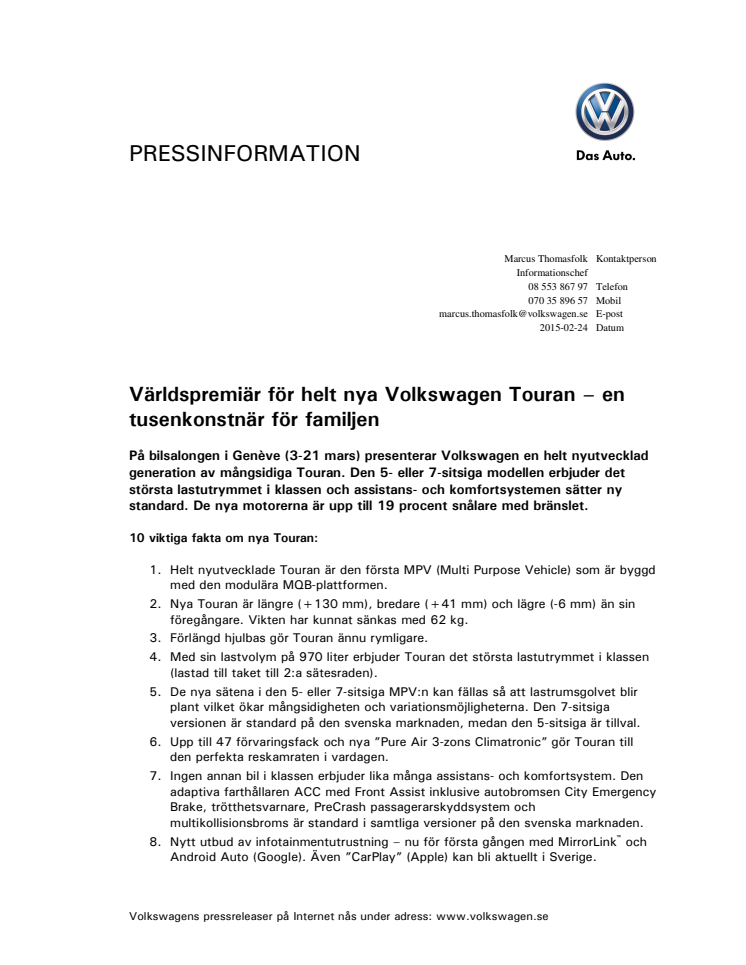 Världspremiär för helt nya Volkswagen Touran – en tusenkonstnär för familjen