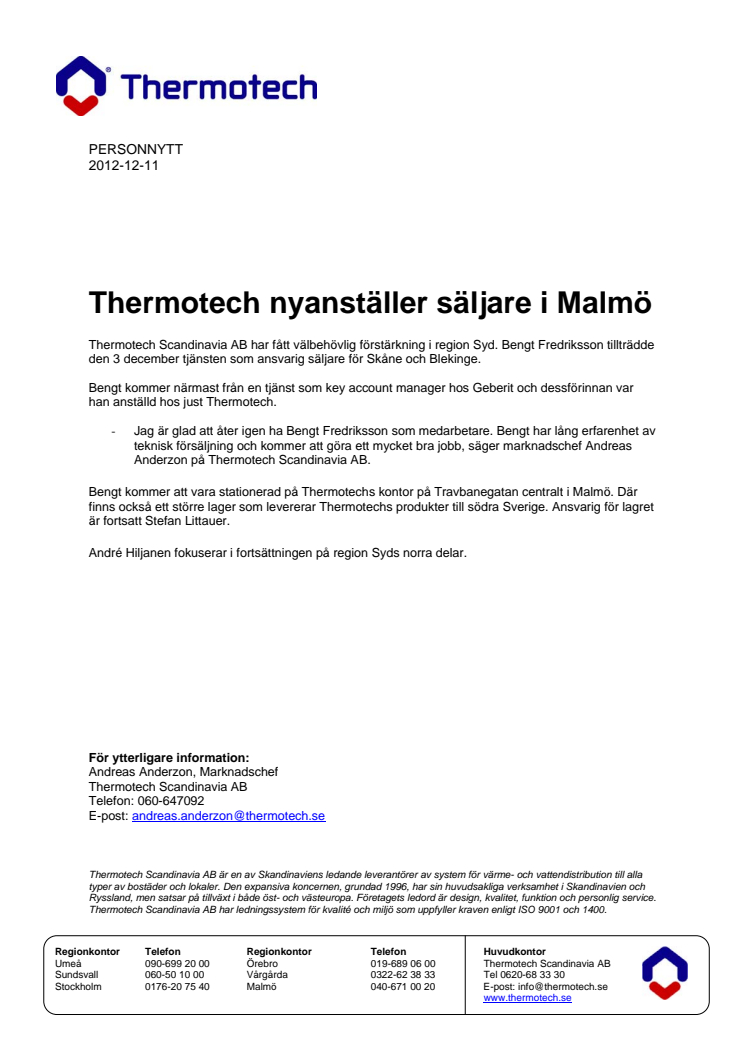 Personnytt - Thermotech nyanställer i Malmö
