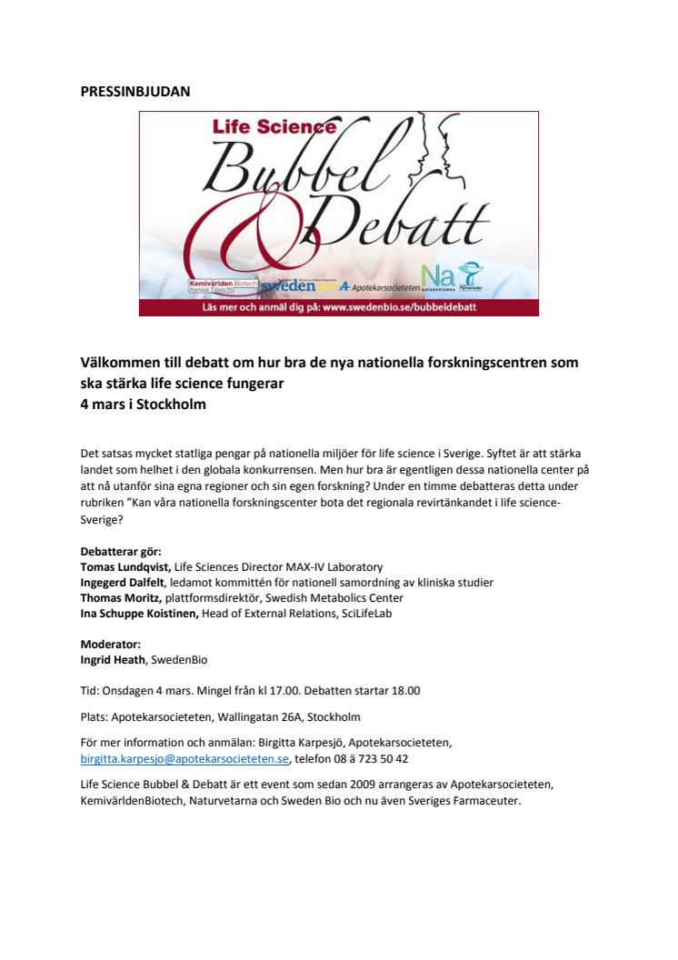 Pressinbjudan: Välkommen till Life Science Bubbel & Debatt 4 mars Stockholm