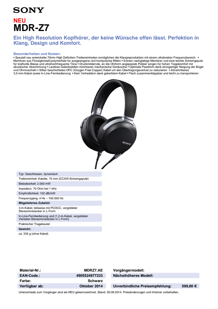 Datenblatt MDR-Z7 von Sony