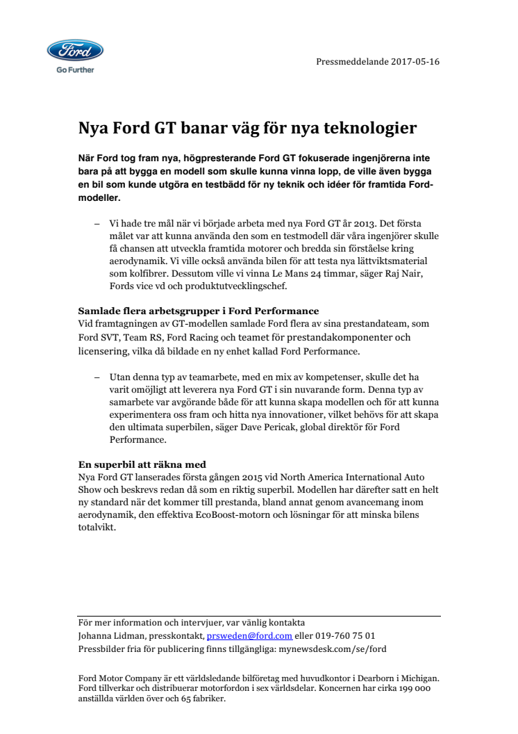 Nya Ford GT banar väg för nya teknologier