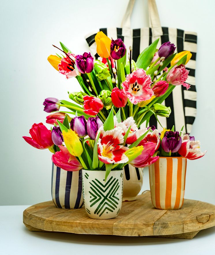 Färgglada tulpaner i stilrena vaser