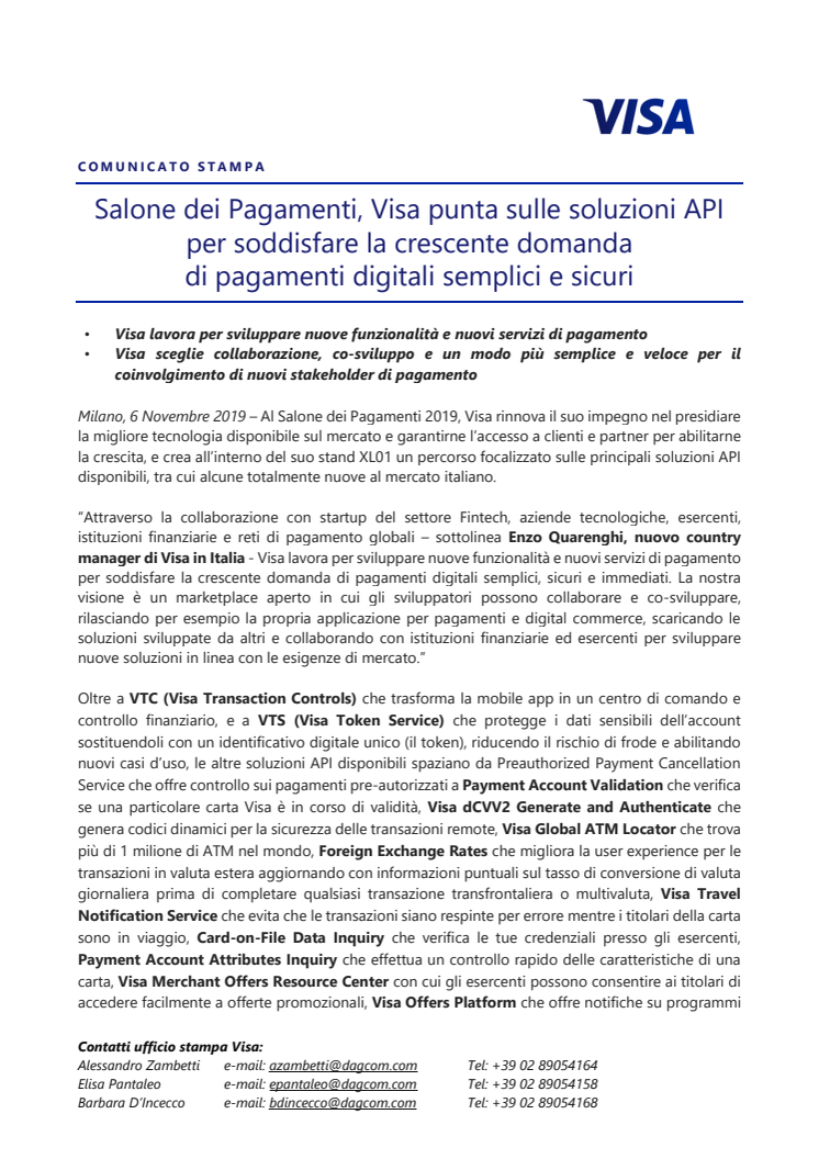 Salone dei Pagamenti, Visa punta sulle soluzioni API per soddisfare la crescente domanda  di pagamenti digitali semplici e sicuri 