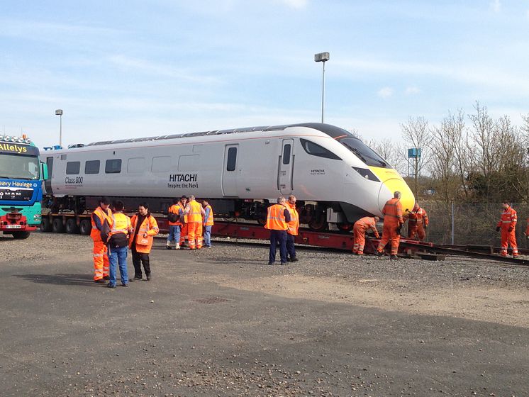 The first of the Class 800 trains arrives at RIDC at Asfordby