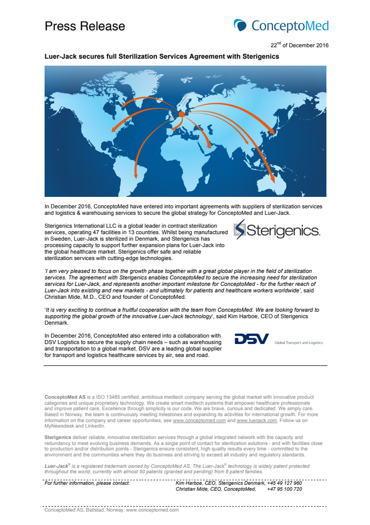 Luer-Jack secures Sterigenics Sterilization Services Agreement