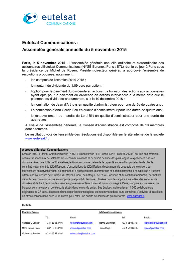 Eutelsat Communications : Assemblée générale annuelle du 5 novembre 2015