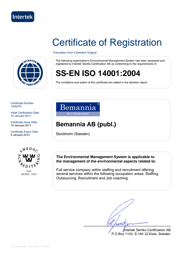 Certificate of Registration ISO 14001:2004 Bemannia AB