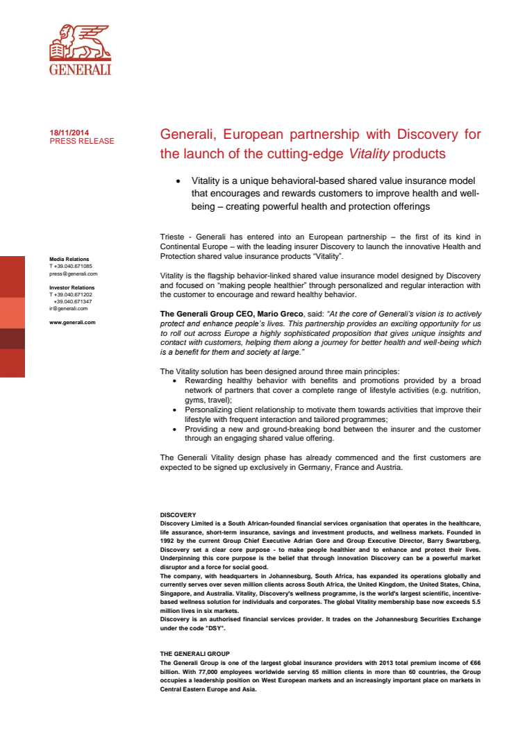 The Generali Group announce partnership that will see Discovery’s shared-value insurance model rolled out in Europe
