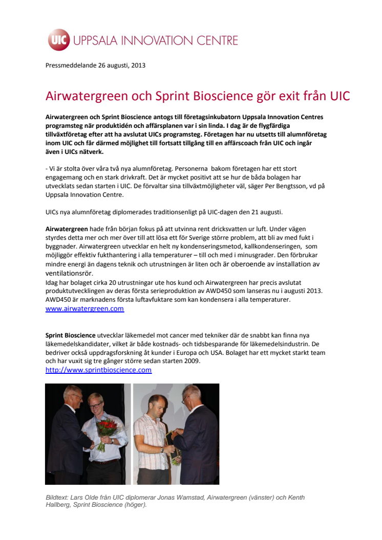 Airwatergreen och Sprint Bioscience gör exit från UIC