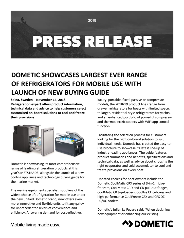 Dometic Showcases Largest Ever Range  of Refrigerators for Mobile Use with  Launch of New Buying Guide