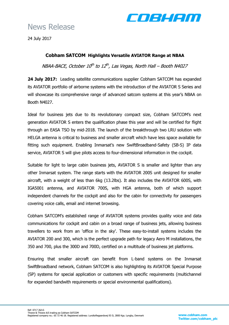Cobham SATCOM: Cobham SATCOM  Highlights Versatile AVIATOR Range at NBAA