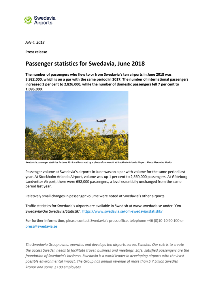 Passenger statistics for Swedavia, June 2018