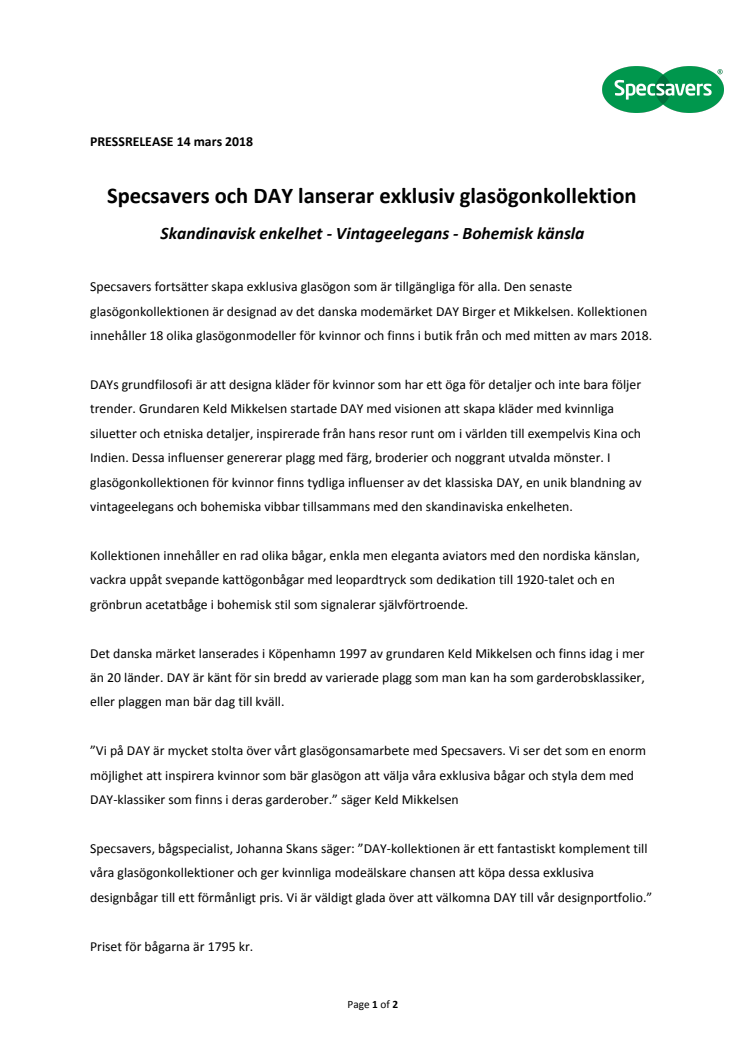 Specsavers och DAY lanserar exklusiv glasögonkollektion. Skandinavisk enkelhet - Vintageelegans - Bohemisk känsla