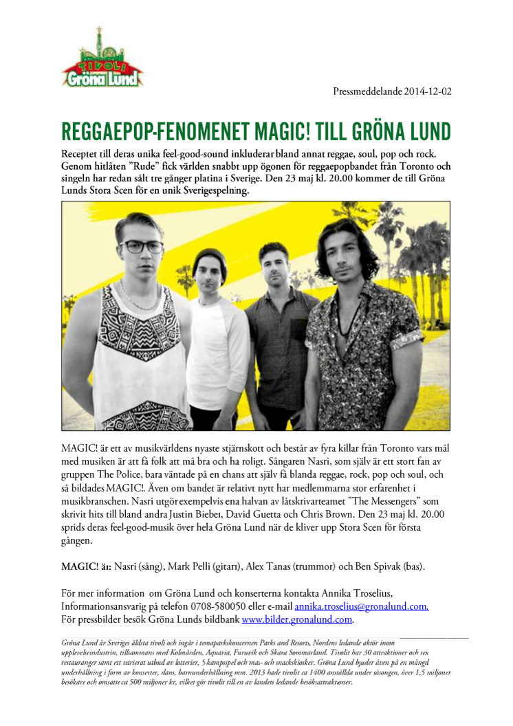 Reggaepop-fenomenet MAGIC! till Gröna Lund
