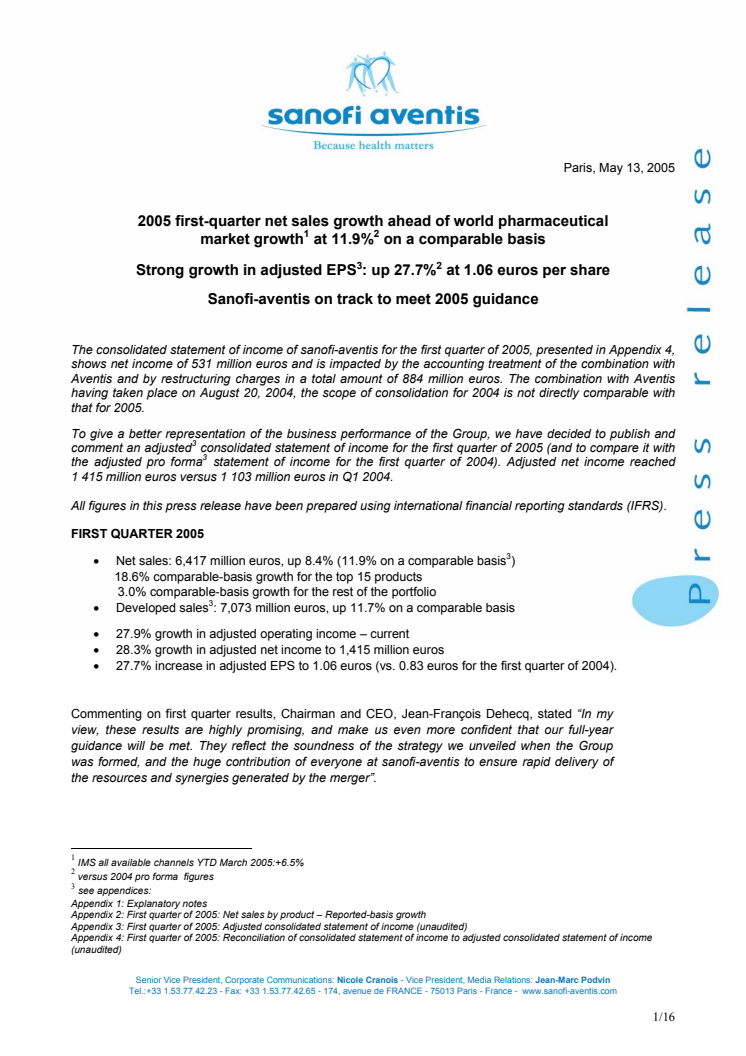 2005 first-quarter net sales growth ahead of world pharmaceutical