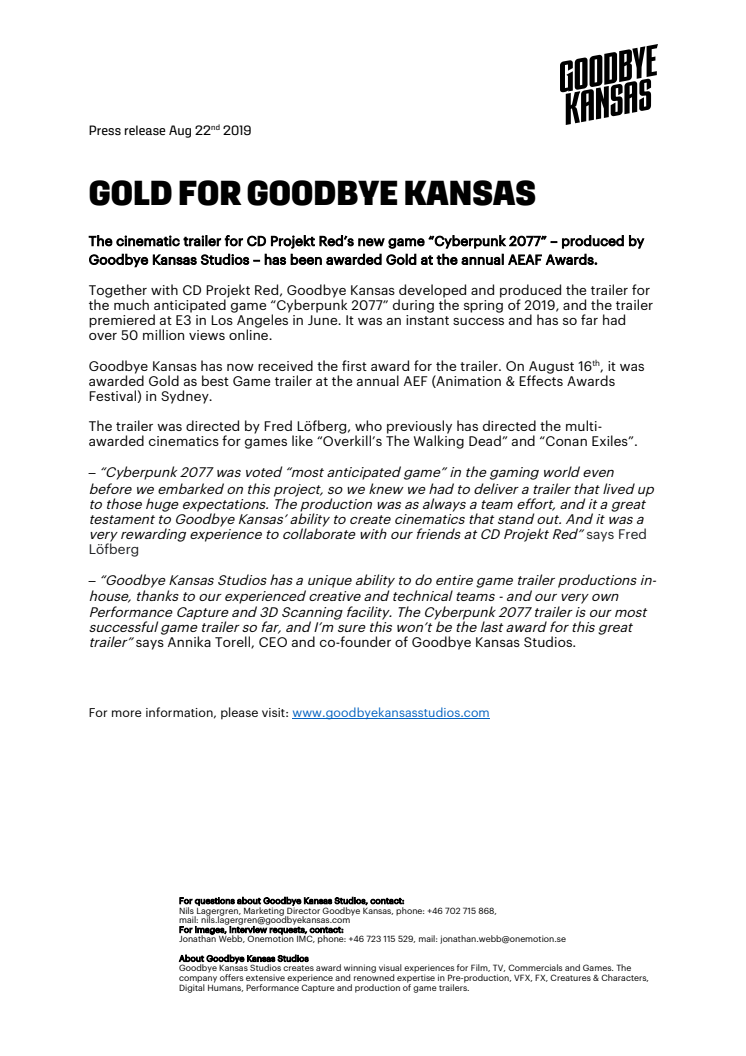 Gold for Goodbye Kansas 