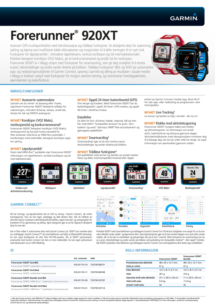 Forerunner 920XT - avansert GPS-multisportklokke med teknikkanalyse og trådløse funksjoner