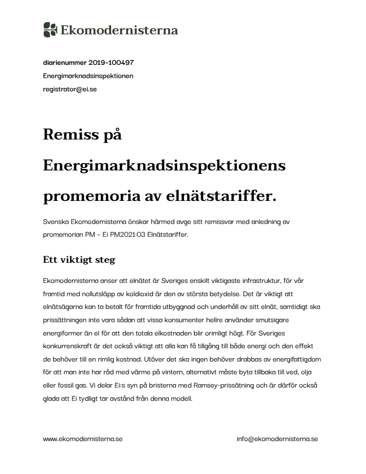 Remiss på Energimarknadsinspektionens promemoria av elnätstariffer.