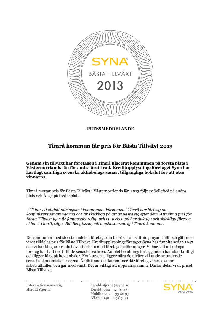 Timrå kommun får pris för Bästa Tillväxt 2013