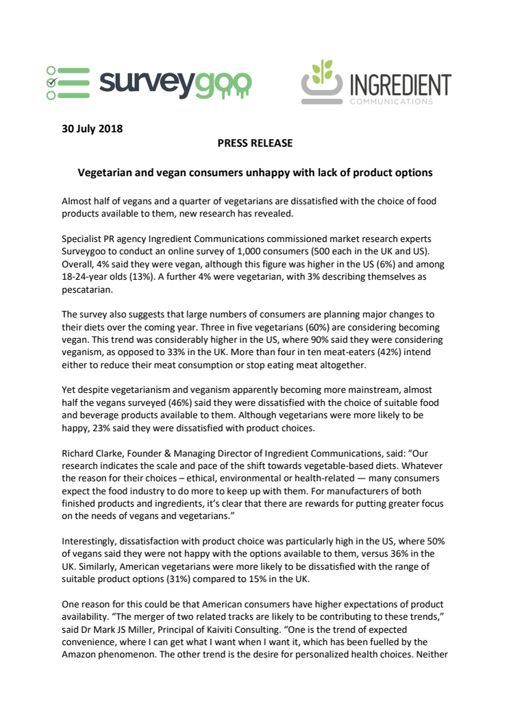 PRESS RELEASE: Vegetarian and vegan consumers unhappy with lack of product options
