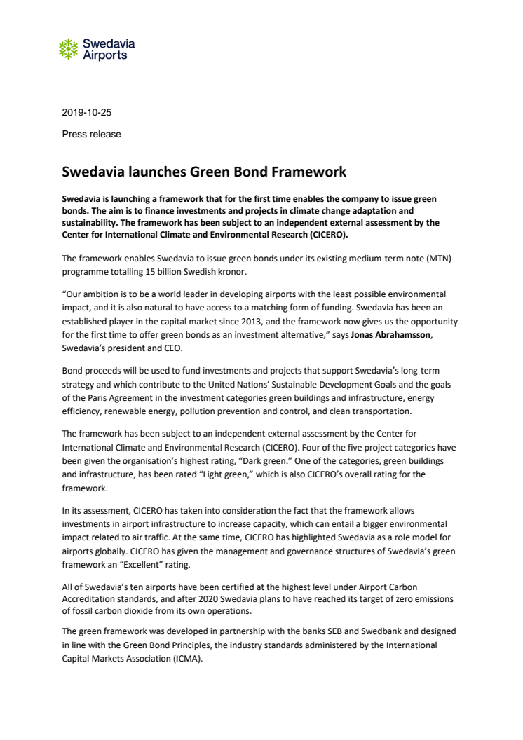  Swedavia launches Green Bond Framework