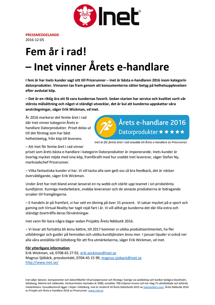 Fem år i rad!  – Inet vinner Årets e-handlare