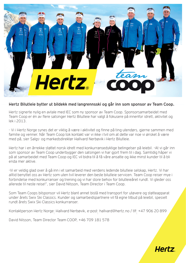 Hertz Bilutleie bytter ut bildekk med langrennsski og går inn som sponsor av Team Coop.