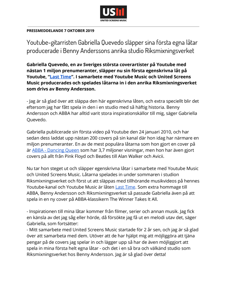 Youtube-gitarristen Gabriella Quevedo släpper sina första egna låtar producerade i Benny Anderssons anrika studio Riksmixningsverket