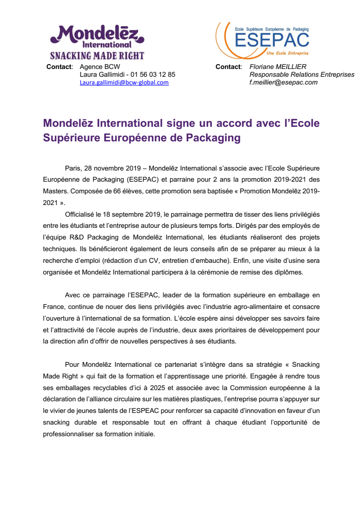 Mondelēz International signe un accord avec l’Ecole Supérieure Européenne de Packaging